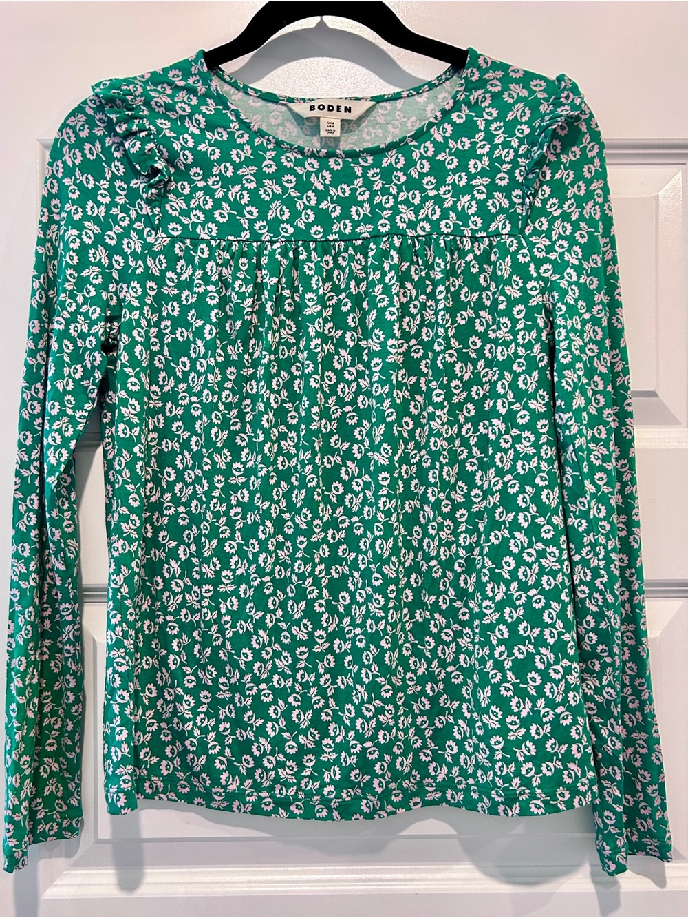 Boden Frill Detail Long Sleeve Top Green And Pink Ditty Floral US 4